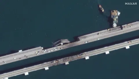 Maxar Satellite image of Crimea bridge blast damage