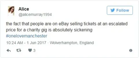 Twitter @alicemurray1994 the fact that people are on eBay selling tickets at an escalated price for a charity gig is absolutely sickening #onelovemanchester