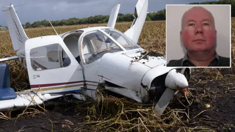 AAIB/GMP Robert Murgatroyd (inset) and the Piper PA28 after the crash