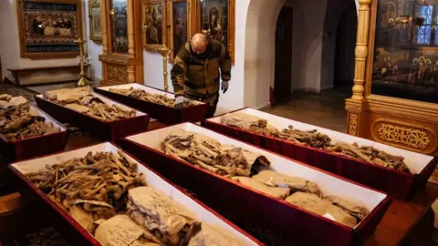 AFP The remains of French and Russian soldiers on display