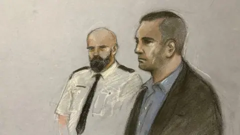 PA Media A court sketch of Darren Osment in the stands at Bristol Crown Court