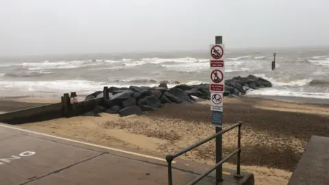 BBC Grey skies over a choppy sea in Southwold, Suffolk.