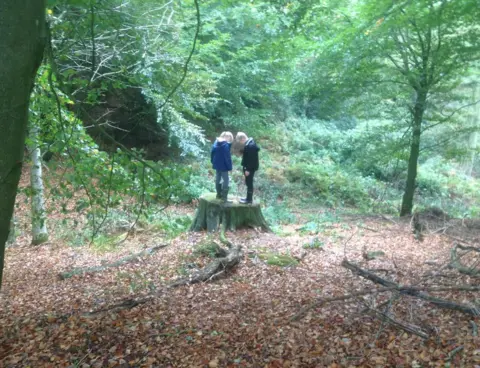 Freddie Wopat Children standing on a log in a the woods