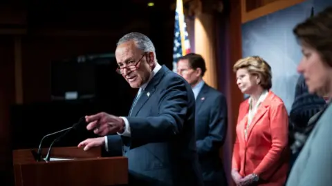 Getty Images Senate Majority Leader Chuck Schumer addresses media