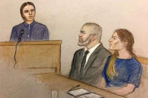 Julia Quenzler A court drawing of Coleen and Wayne Rooney and Rebekah Vardy in court