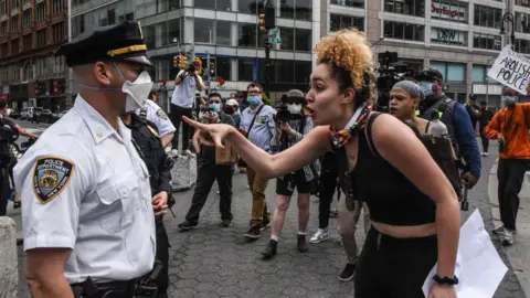 Getty Images Protesters clash with police during a rally against the death of Minneapolis, Minnesota man George Floyd at the hands of police on May 28, 2020 in Union Square in New York City.