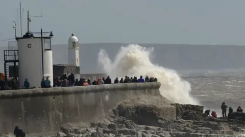 Wales News Service Waves crash on to Porthcawl seafront