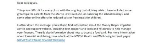 Email to staff with information on how to access food banks