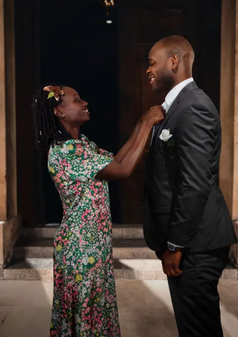 Jillian Edelstein/ Breast Cancer Now Helena Awuakye with her son on his wedding day in 2030