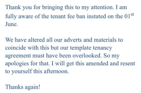 Lewis Ridley Email from Lewis Ridley's letting agent