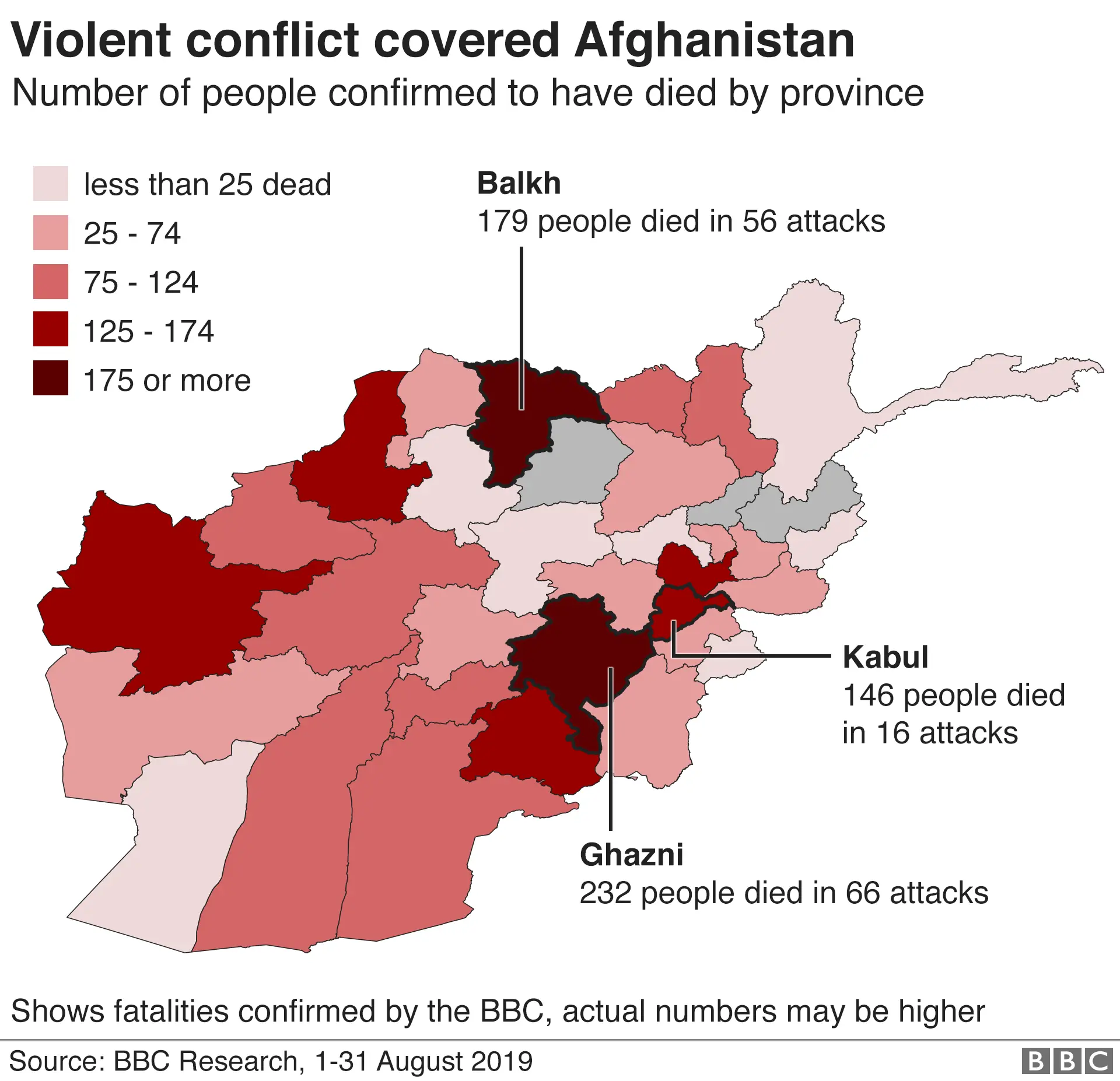 Map of total fatalities by province in Afghanistan