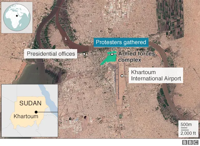 Map of Khartoum showing where protesters are gathered