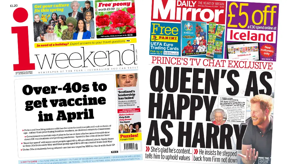 The i weekend and the daily mirror front pages 27 February 2021