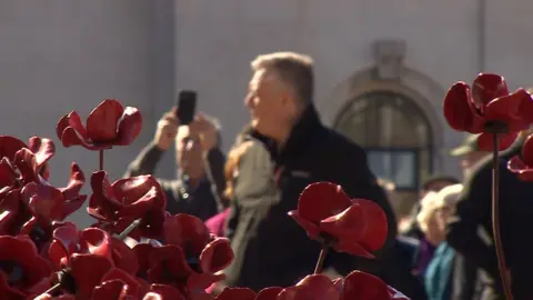 Porcelain poppies with people watching in the background