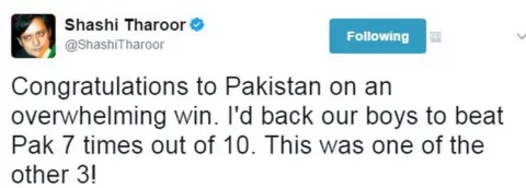 @shashitharoor Congratulations to Pakistan on an overwhelming win. I'd back our boys to beat Pak 7 times out of 10. This was one of the other 3!