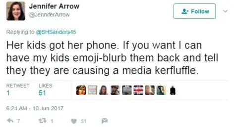 Twitter/JenniferArrow Mum Jennifer Arrow tweeted: "Her kids got her phone. If you want I can have my kids emoji-blurb them back and tell they they are causing a media kerfluffle."