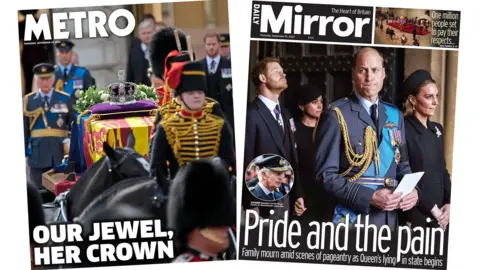 The Metro and the Mirror show the royals looking sad as they look at the Queen's coffin