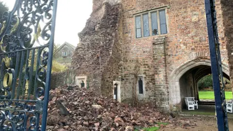 BBC Tower collapsed at Bickleigh Castle, Devon