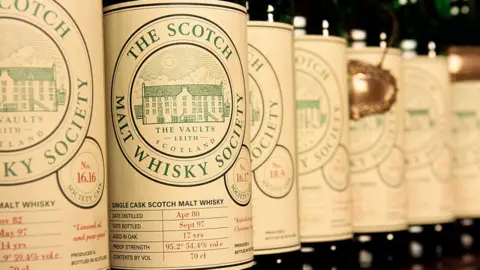 Getty Images Labels on Scotch whisky bottles