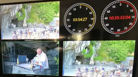 Chris Bockman Screens showing the broadcast of a religious service