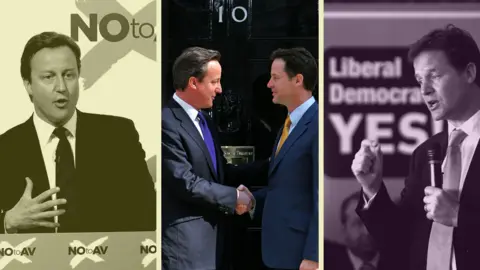 Getty/ PA Media Composite image David Cameron and Nick Clegg with the logos of the No and Yes campaigns