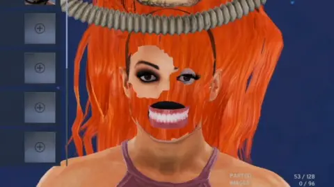 WWE 2k20/Visual Concepts/2K Sports A screenshot from WWE 2k20. The face of in-game character Becky Lynch has not generated properly, showing disembodied eyes, ears and teeth hovering in the air.