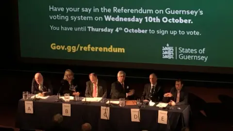 BBC Speakers for the five options in Guernsey's island-wide voting referendum present their options at a debate in St Peter Port