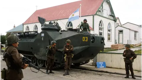 Getty Images Argentinian troops invaded the Falkland islands at the start of April 1982