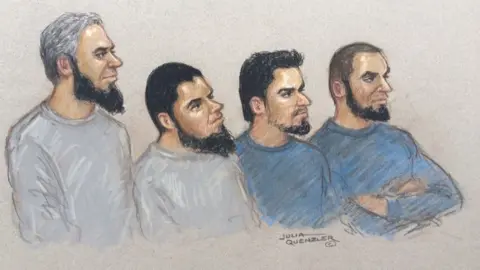 Julia Quenzler Naweed Ali, Khobaib Hussain, Mohibur Rahman and Tahir Aziz - court sketch