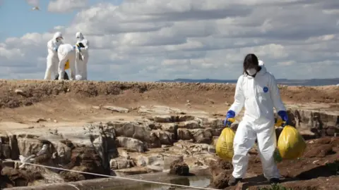 National Trust Rangers in PPE collecting dead birds on the Farne Islands last year