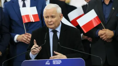 Lech Muszynski/EPA-EFE/REX/Shutterstock Polish Deputy Prime Minister and leader of the Law and Justice (PiS) ruling party Jaroslaw Kaczynski (C) speaks during the PiS's regional convention in Gorzow Wielkopolski