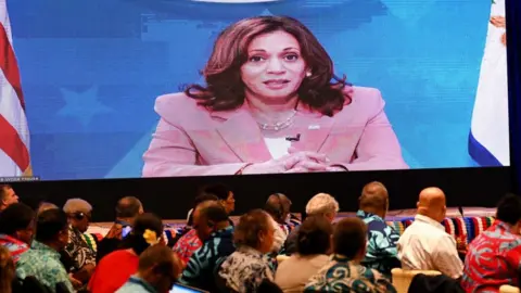 Getty Images US Vice-President Kamala Harris speaks via video-link to the Pacific Islands Forum (PIF)