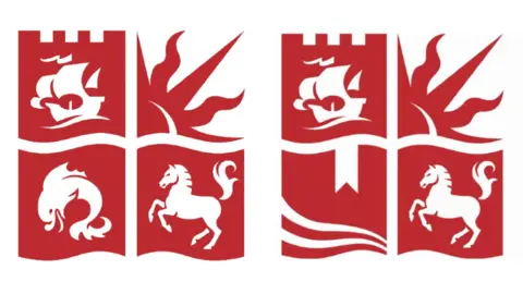 University of Bristol A side by side image illustrating the old logo with a dolphin on the left and the new one with a book on the right