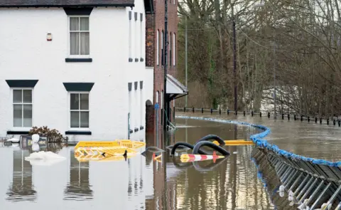 PA Media The scene in Bewdley, where floodwater from the River Severn has breached the town's flood defences