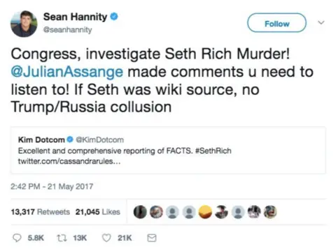 @seanhannity Tweet from @seanhannity reads: 'Congress, investigate Seth Rich Murder! @JulianAssange made comments u need to listen to! If Seth was wiki source, no Trump/Russia collusion