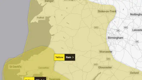 Met Office Weather map showing rain and wind yellow warnings over south, mid and north Wales on Wednesday