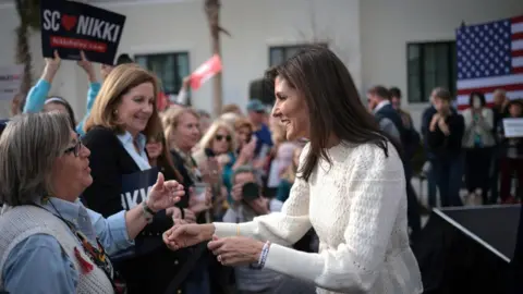 Getty Images Nikki Haley, former governor of South Carolina and 2024 Republican presidential candidate, speaks during a bus tour campaign event at The George Hotel in Georgetown, South Carolina, US, on Thursday, Feb. 22, 2024