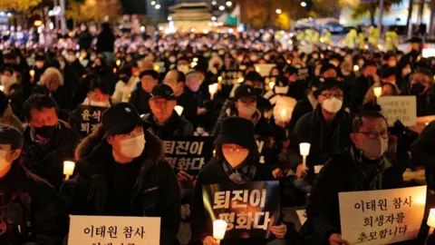 Getty Images Tens of thousands of people gather for a protest near to Seoul city hall regarding the Halloween crush disaster in Itaewon on November 5, 2022 in Seoul, South Korea.