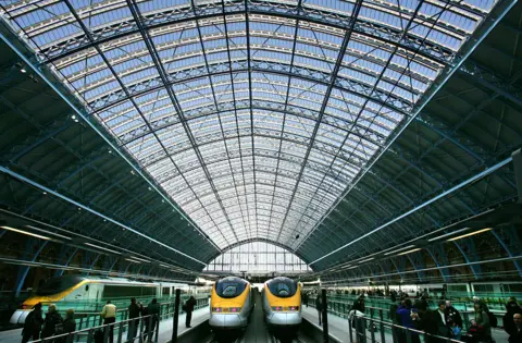 Cate Gillon A general view of the first trains to leave from the Eurostar platform of St Pancras International station