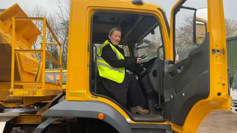 Rebecca Evans in a gritting lorry