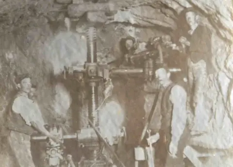Scottish Water Katrine tunnelling 1892 showing workers tunnelling through rock with machinery to prop up the ceiling of the excavation. The two last pictures would give modern-day health and safety officials sleepless nights