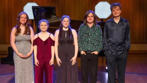 Brass finalists (l-r) Phoebe Mallinson, Imogen Moorsom, Florence Wilson-Toy, Daniel Hibbert, and Sasha Canter