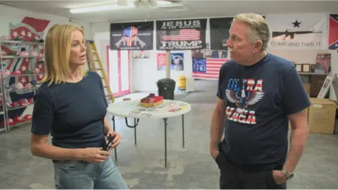 BBC Katty Kay and Steve Slaton in his Arizona store devoted to Trump merchandise