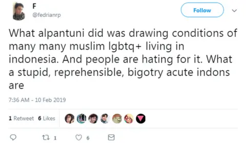 Twitter/fedrianrp A tweet reads: "What alpantuni did was drawing conditions of many many muslim lgbtq+ living in indonesia. And people are hating for it. What a stupid, reprehensible, bigotry acute indons are"