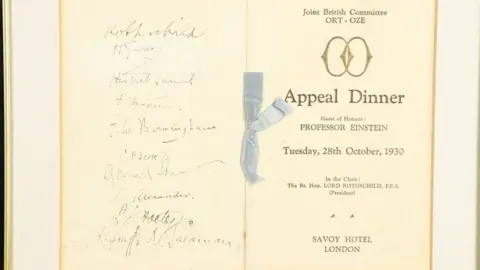 Lawrences Auctioneers Image of the menu, signed by Albert Einstein