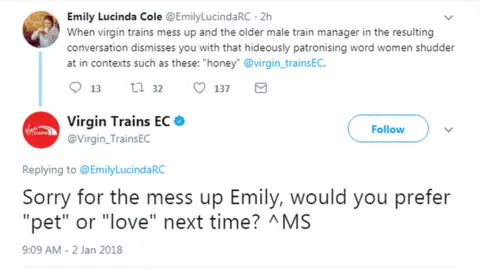 Twitter Virgin Trains East Coast tweeted: "Sorry for the mess up Emily, would you prefer "pet" or "love" next time?"