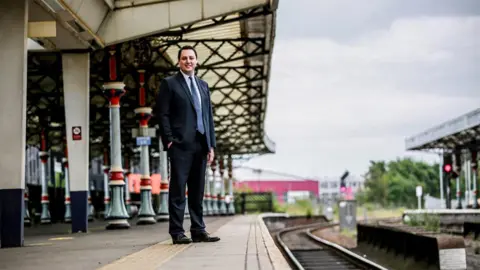 Sarah Caldecott Tees Valley mayor ben Houchen by railway tracks