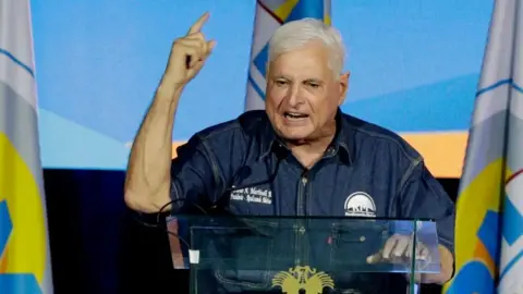 Former Panamanian President Ricardo Martinelli speaks after winning in the primaries of the Realizing Goals (RM) party for the 2024 presidential elections, in Panama City, Panama, 04 June 2023