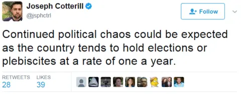 @jsphctrl Tweet predicting "continued political chaos"