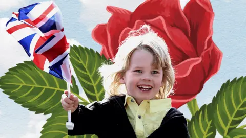 BBC News Child holding a Union Jack flag against a mural of a rose